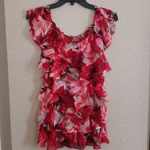 WHBM Red floral sleeveless shirt with ruffles